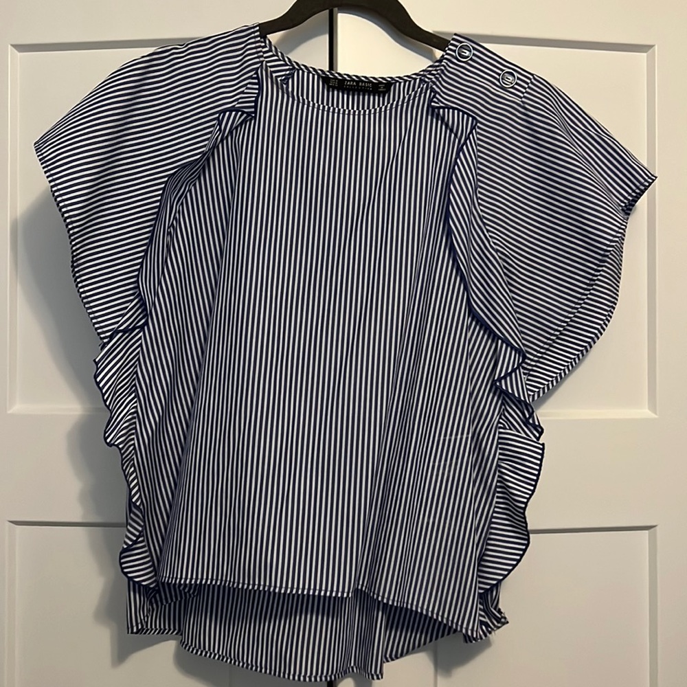 ZARA BASIC white and blue striped blouse